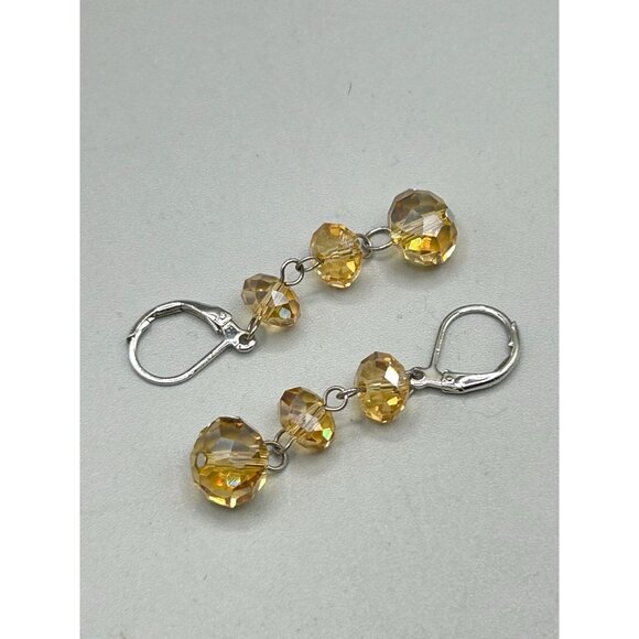 Faceted Crystals Dangles Earrings Leverback Triple Bead Sterling Silver 925 - Picture 5 of 6